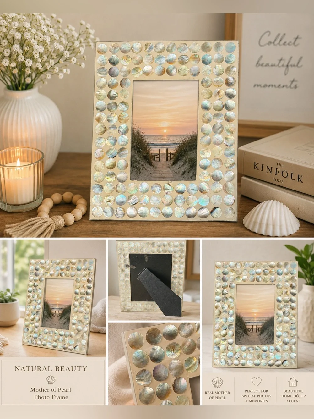 Mother of Pearl Shell Mosaic Picture Frame Coastal Boho Beach Decor
